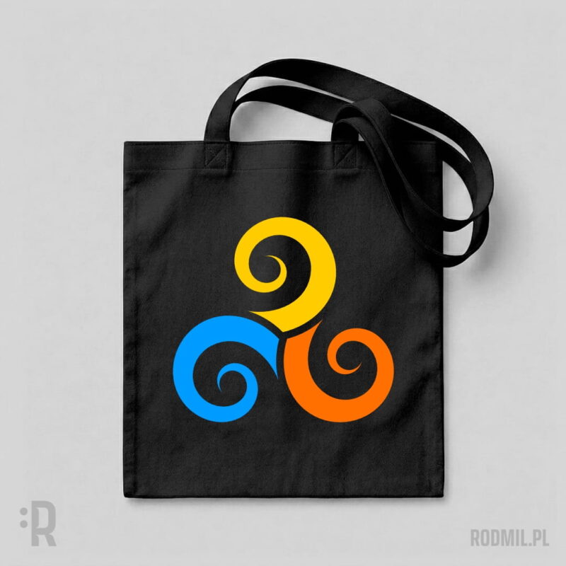 Prawia, Jawia, Nawia - Triskelion - torba słowiańska czarna z nadrukiem Torba czarna z nadrukiem projektu graficznego TRISKELION. Trzy spiralne wiry w kolorach: pomarańczowym, niebieskim i żółtym, ułożone w kole.