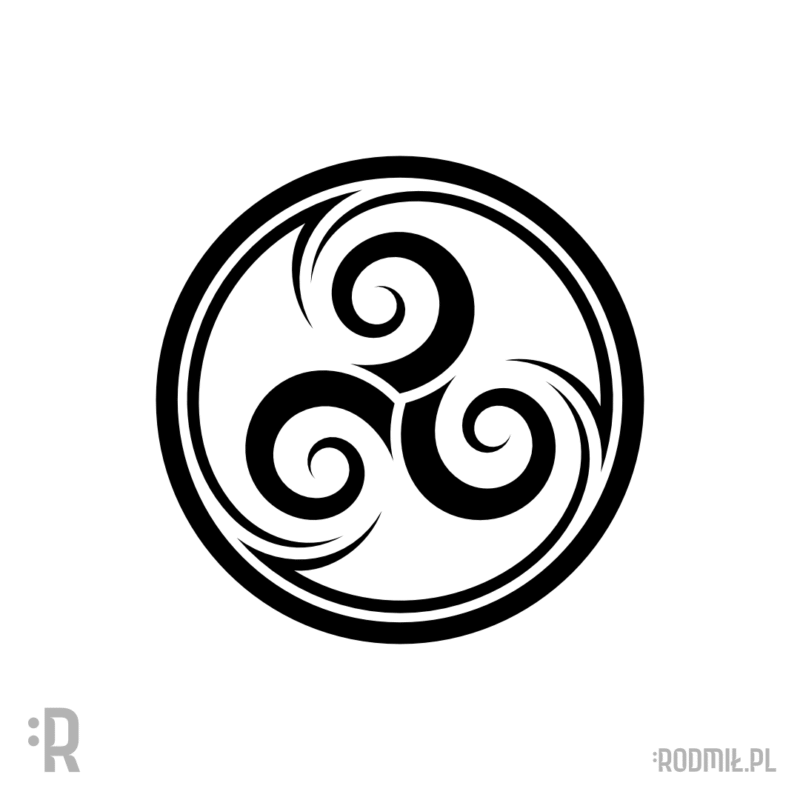 Projekt graficzny nadruku na koszulkę Prawia, Jawia, Nawia z czarno-białym słowiańskim symbolem trzech wirów w kole Triskelion Trystyką.