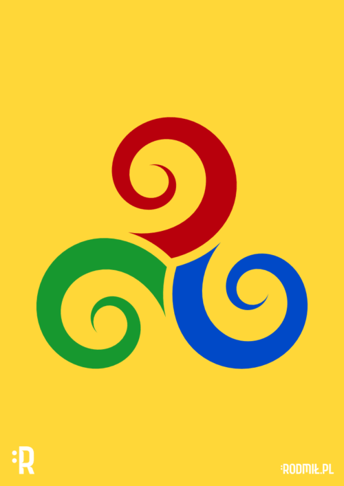Projekt graficzny plakatu PRAWIA, JAWIA, NAWIA - TRISKELION. Symbol trzech spiralnych wirów w kolorach: czerwonym, niebieskim i zielonym, ułożonych w kole na żółtym tle.