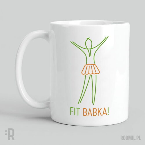 Fit babka! - kubek wegański w nadrukiem Biały kubek wegański z nadrukiem projektu graficznego konturowej zielonej postaci szczupłej kobiety z krótką spódniczką w formie pieczonej babki i napisem u dołu FIT BABKA!