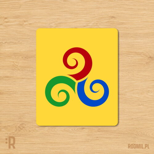 Słowiańska podkładka pod mysz z nadrukiem projektu graficznego symbolu TRISKELION. Trzy spiralne wiry w kolorach: czerwonym, niebieskim i zielonym na żółtym tle, ułożone w kole.