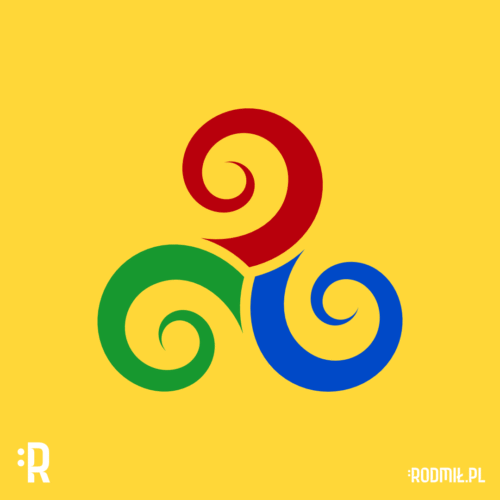 Słowiański projekt graficzny nadruku na koszulkę z symbolem TRISKELION, Trzy spiralne wiry w kolorach: czerwonym, niebieskim i zielonym na żółtym tle, ułożone w kole.