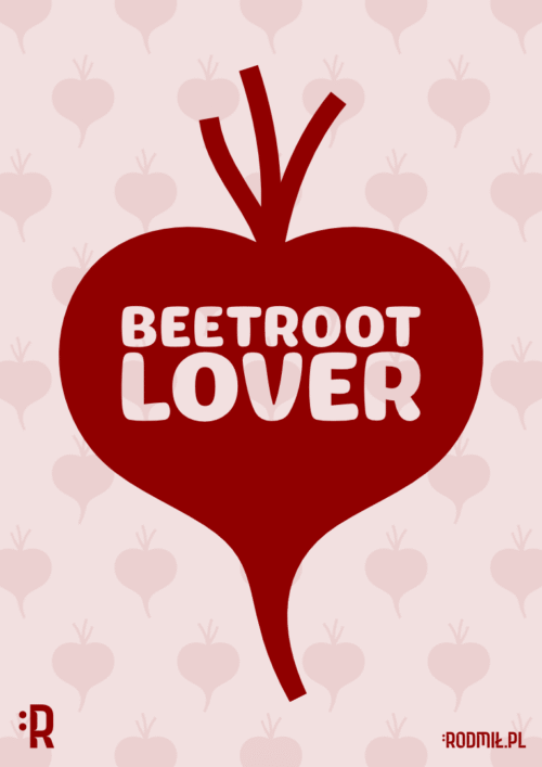 Projekt graficzny plakatu wegańskiego z czerwonym burakiem w kształcie serca i napisem na nim BEETROOT LOVER, na różowym tle z wielu małych buraczków.