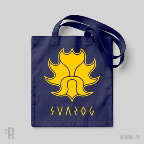 Svarog - Swaróg - torba słowiańska z nadrukiem Torba granatowa z nadrukiem projektu graficznego minimalistycznej żółtej twarzy słowiańskiego boga Swaroga w formie płonącego Słońca z podpisem SVAROG.