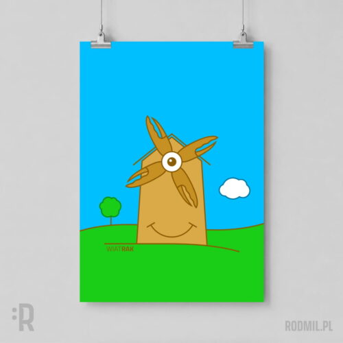 WIATRAK - plakat pionowy A1-A4 Humorystyczny plakat wiszący na ścianie przedstawiający stojący na łące uśmiechnięty wiatrak z łopatami ze szczypiec raka i okiem pośrodku. U dołu napis WIATRAK.