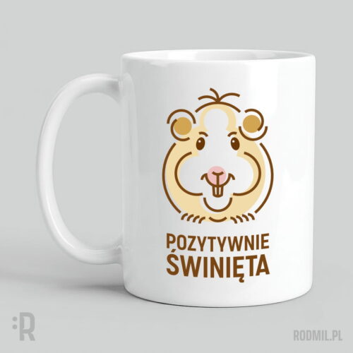 Biały kubek z humorystycznym nadrukiem projektu graficznego uśmiechniętej kremowej świnki morskiej z kitką na głowie i napisem POZYTYWNIE ŚWINIĘTA.