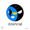 Humorystyczny projekt graficzny nadruku na koszulkę z czarnym dzięciołem, który ma dziób jak piła. Siedzi na połowie przepiłowanego Słońca na niebieskim tle nieba obok połowy Księżyca na czarnym tle rozgwieżdżonego nieba. Pod tym napis DZIEŃCIĄŁ.