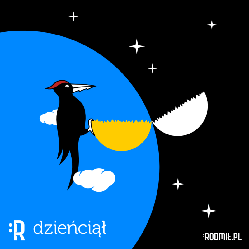 Humorystyczny projekt graficzny nadruku na podkładkę pod mysz z czarnym dzięciołem, który ma dziób jak piła. Siedzi na połowie przepiłowanego Słońca na niebieskim tle nieba obok połowy Księżyca na czarnym tle rozgwieżdżonego nieba. Pod tym napis DZIEŃCIĄŁ. Humorystyczny projekt graficzny nadruku na podkładkę pod mysz z czarnym dzięciołem, który ma dziób jak piła. Siedzi na połowie przepiłowanego Słońca na niebieskim tle nieba obok połowy Księżyca na czarnym tle rozgwieżdżonego nieba. Pod tym napis DZIEŃCIĄŁ.