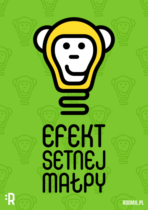 Projekt graficzny plakatu społecznego EFEKT SETNEJ MAŁPY. Uśmiechnięta małpia głowa na zielonym tle w formie świecącej na żółto żarówki z podpisem EFEKT SETNEJ MAŁPY.